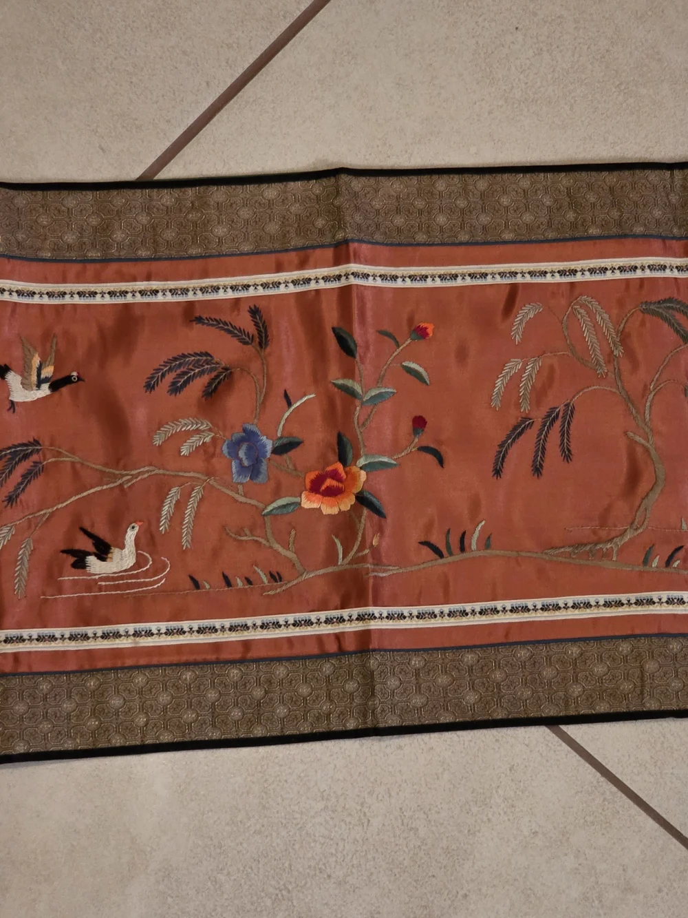 Chinese Silk Embroidered Birds Floral Panel Tapestry Table Runner 70